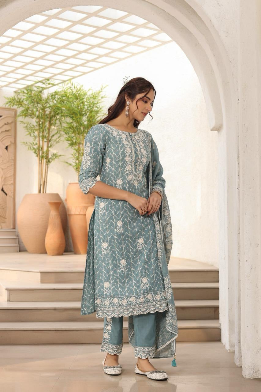 Heavy Pure Cotton Embroidery & Discharge Print Suit Set