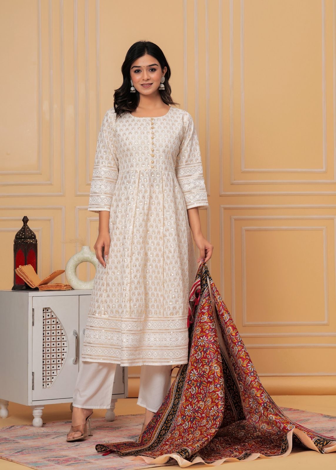 Pure Chikankari Anarkali kurti with pant and silk chanderi digital Print dupatta set