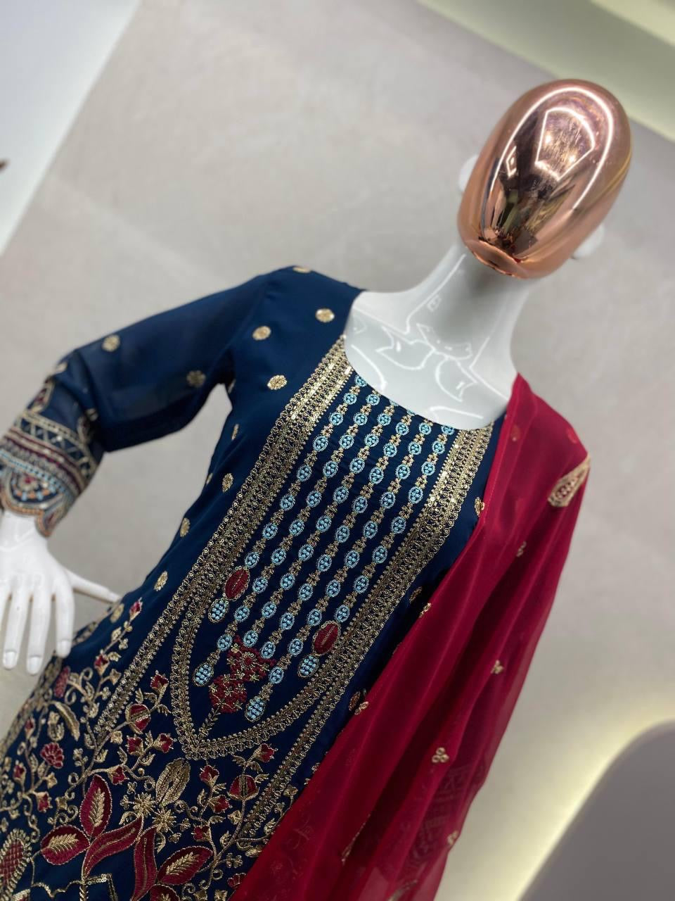 TRENDING FAUX GEORGETTE TOP WITH SEQUANCE EMBROIDERED WORK AND PLAZO WITH DUPATTA