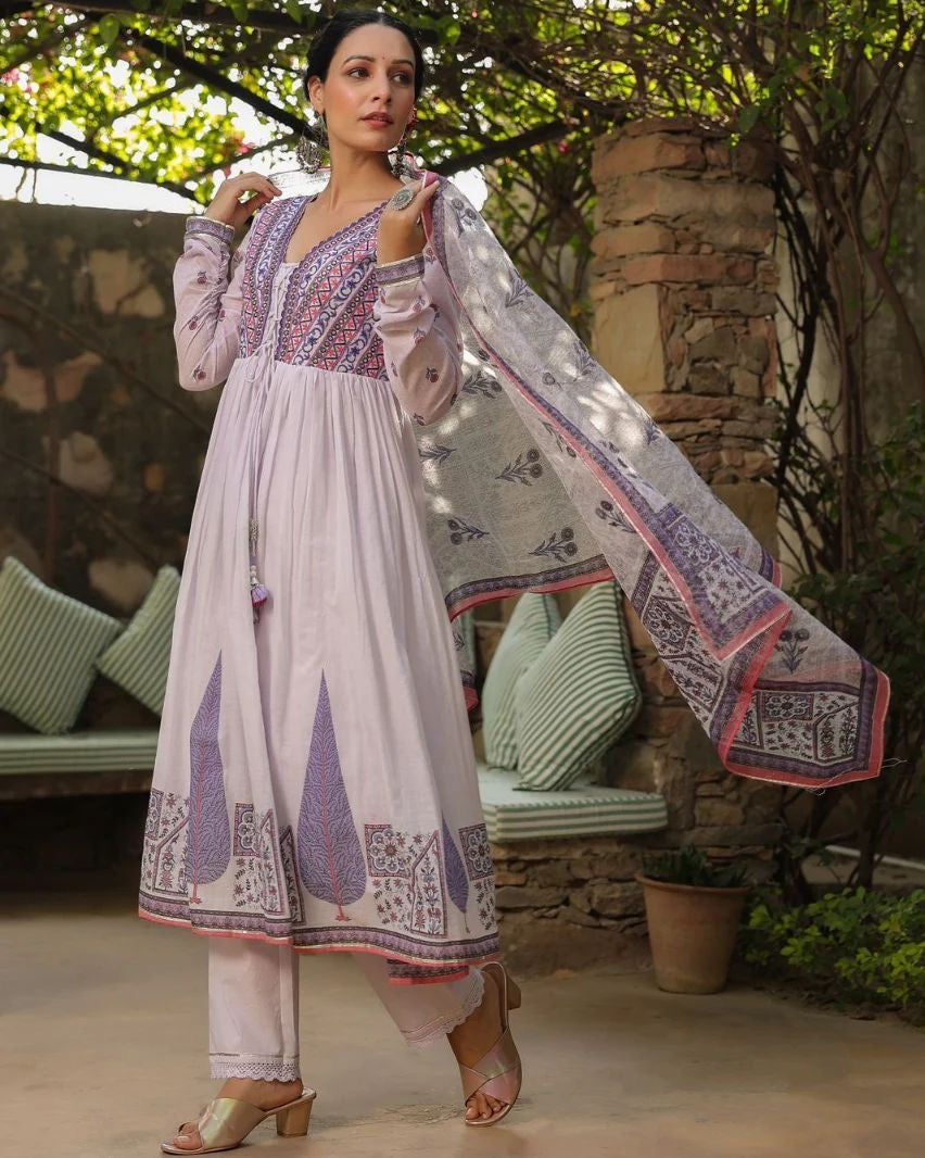 Pure Cotton Mulmul Anarkali Kurta Pant and Dupatta Set