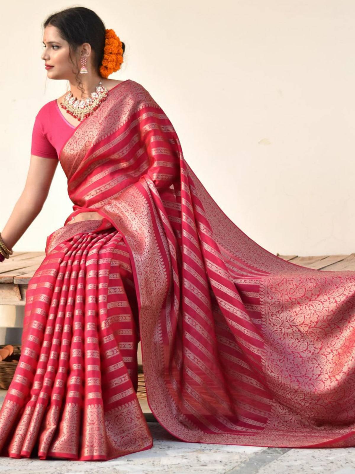 Banarasi Soft Silk Saree with Gold Zari Weaving and Brocade Work - TRENDBUY