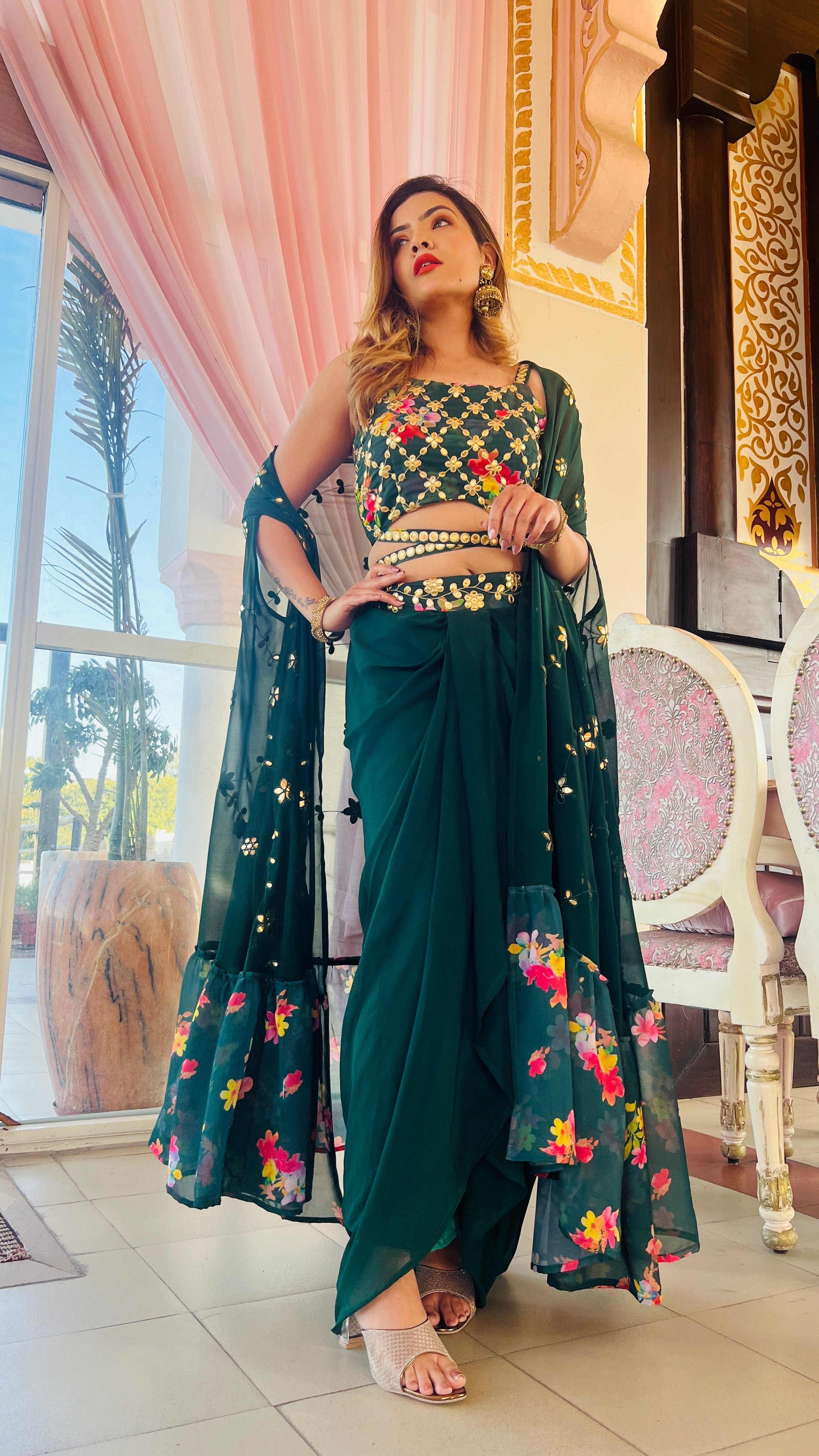 Bottle Green Sarong Dress for Mehendi & Wedding Sangeet