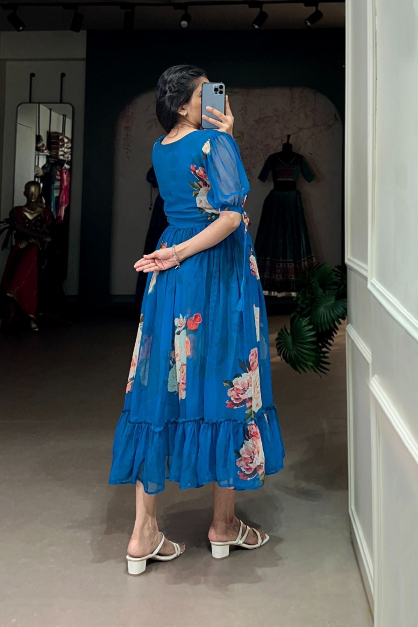 Blue Floral Georgette Dress for Women