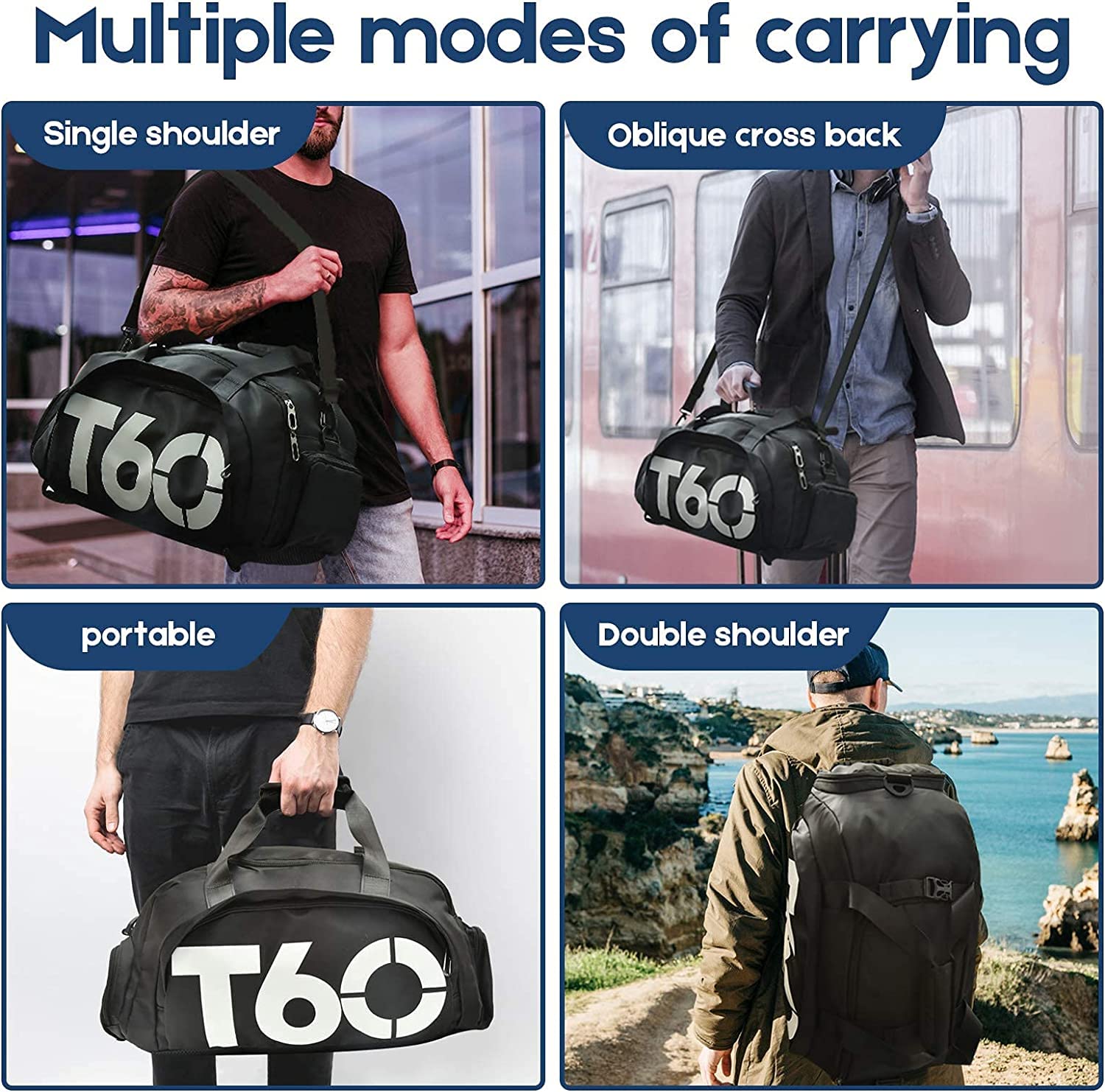 T60 Unisex Duffle Bag - Waterproof, Gym, Travel & Backpack