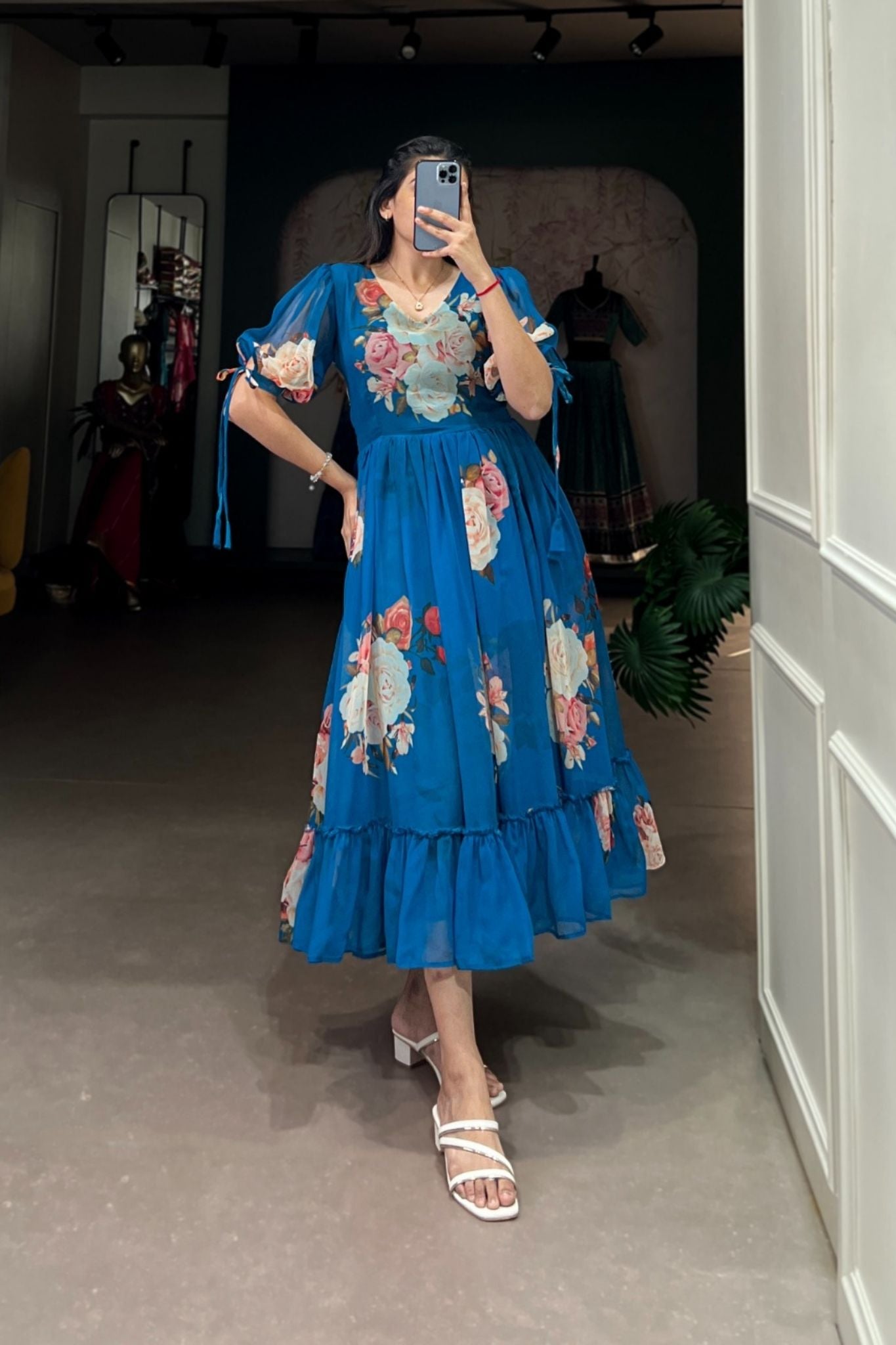 Blue Floral Georgette Dress for Women