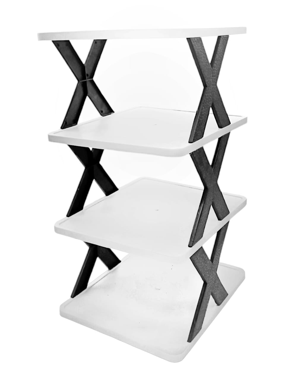 Plastic 4 Layer Foldable Shoe Rack (White & Black, Free Size) (Pack of 1)