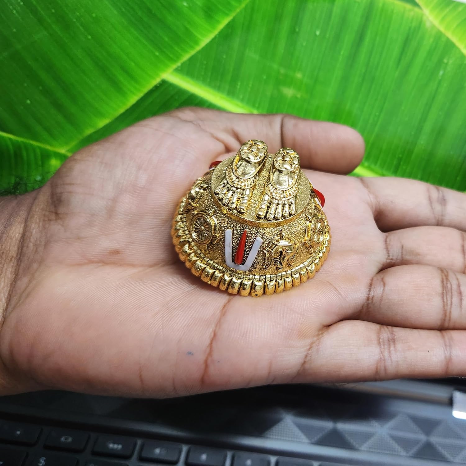 Gold Plated Antique Finish Lord Balaji Charan Paduka Vishnu Charan Paduka for Pooja Room/Car Dashboard Venkateswara Swamy Feet with Shanku & Chakra Namam Gifting (Gold)