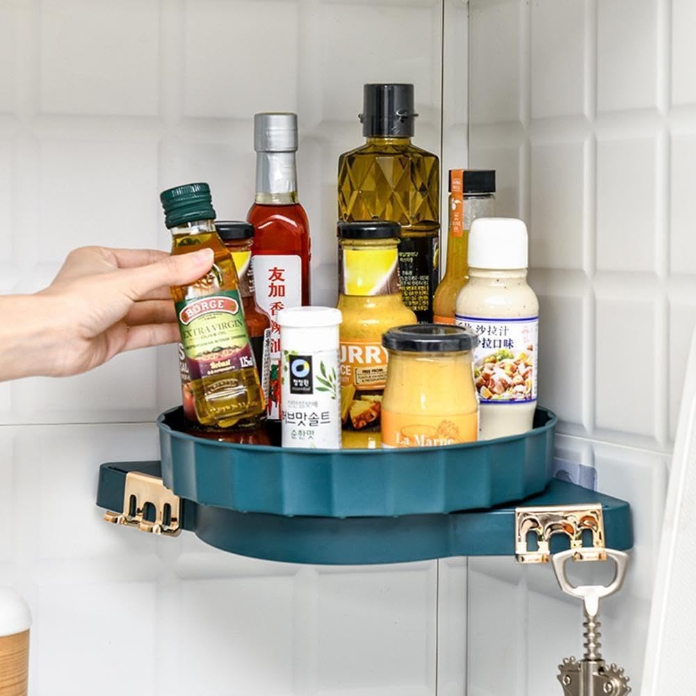 Wall Mounted Bathroom Cosmetic Shelf Punch-Free Rotating Storage Rack with Hooks for Bath Accessories