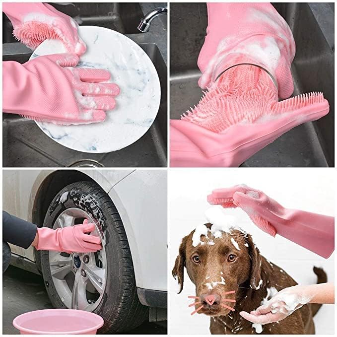 Silicone Hand Gloves for Dish Washing Kitchen Bathroom Car Cleaning (Multicolor, Pack of 1 Pair)