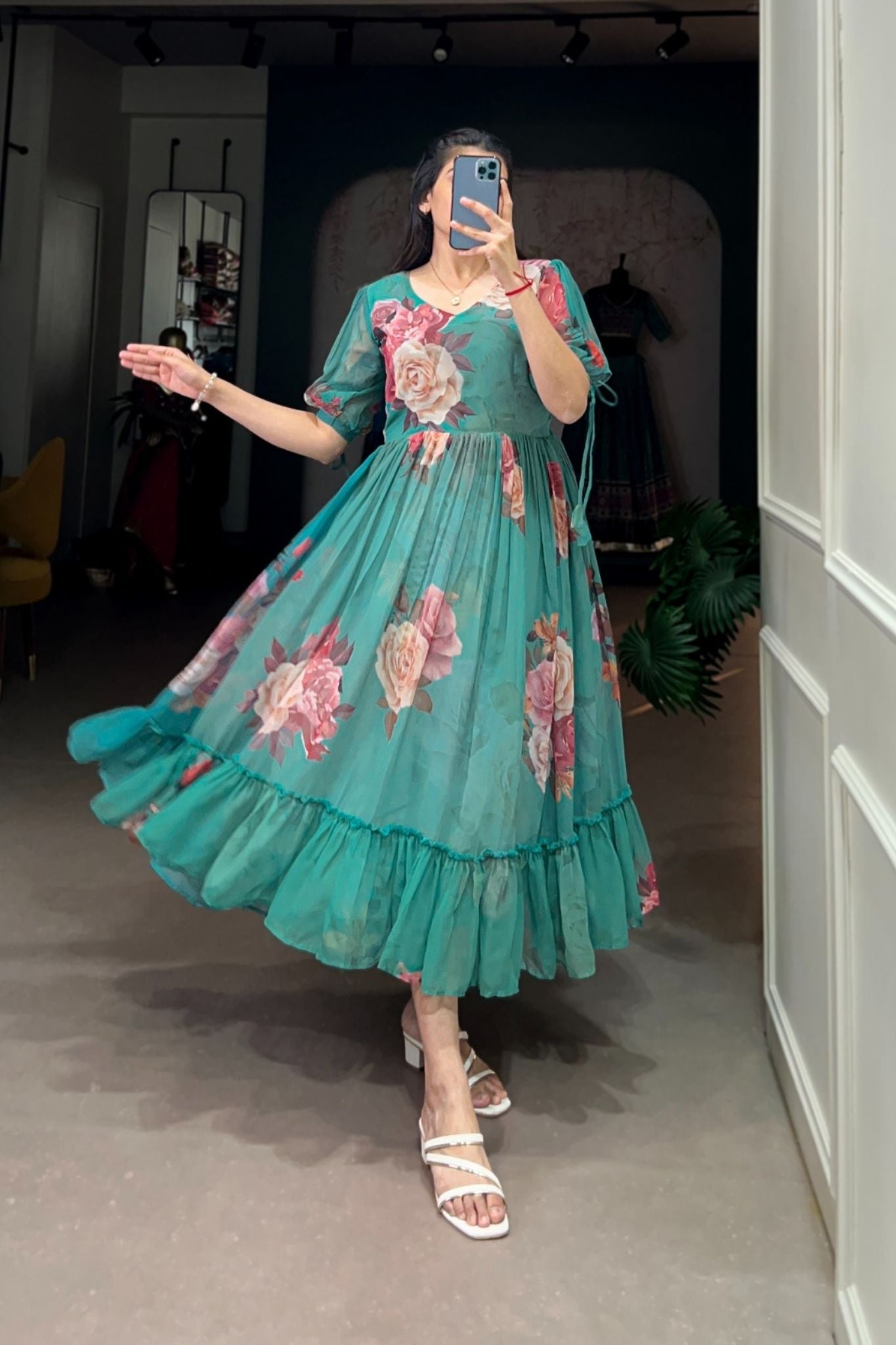 Green Floral Georgette Dress for Women