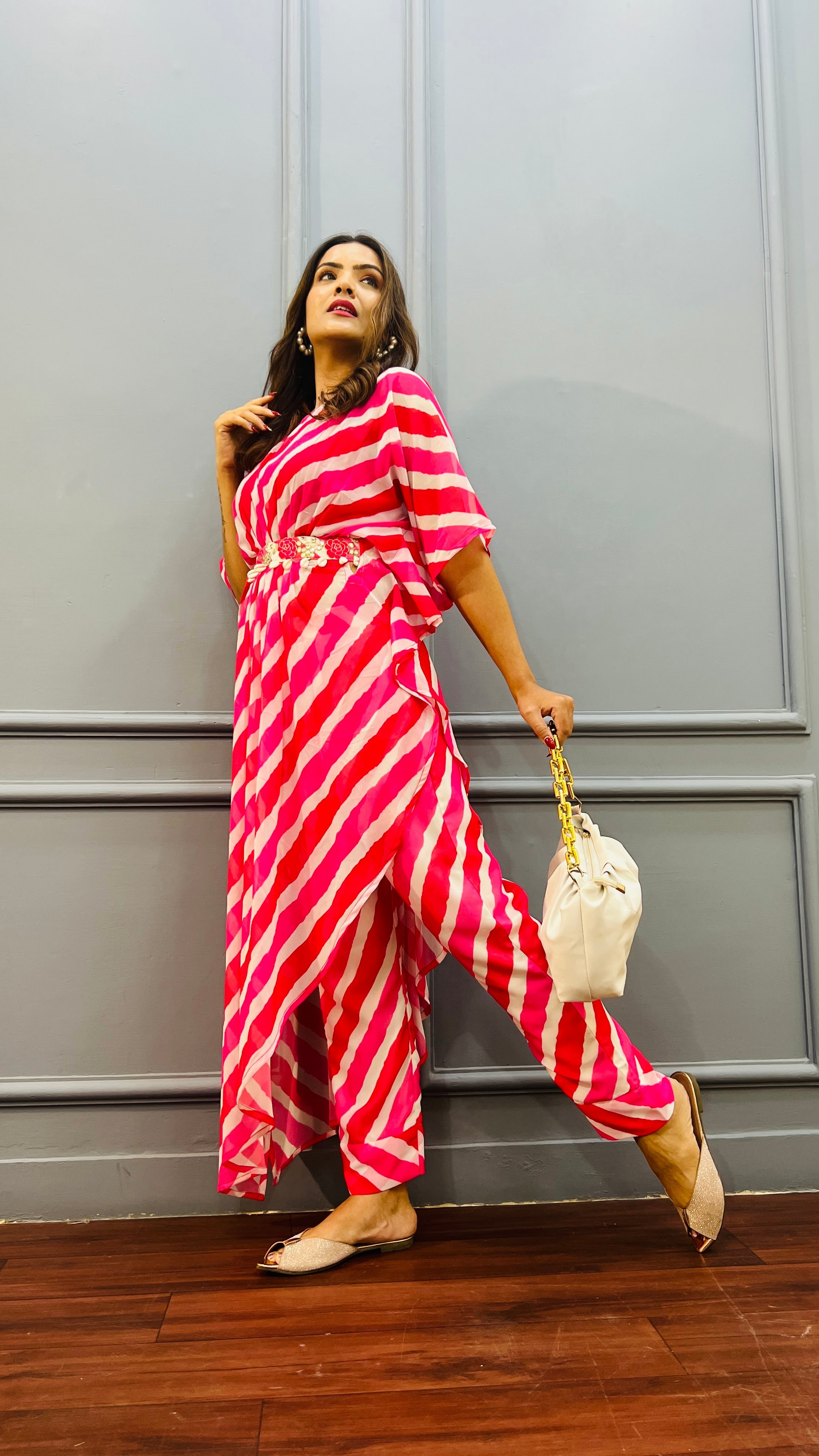 Leheriya Kaftan Co-Ord Set in Hot Pink with Belt - Available in Sizes S-3XL