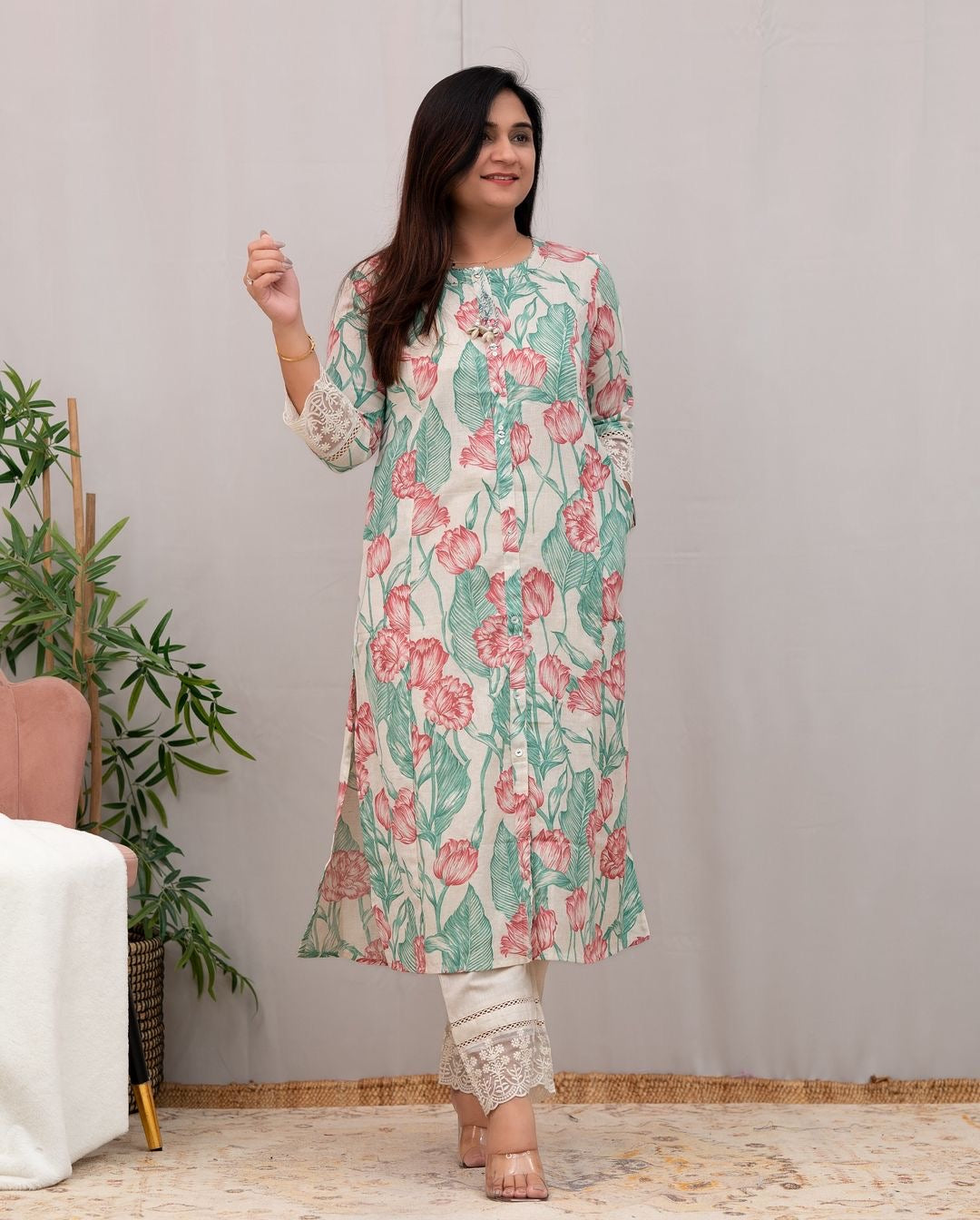 Aline kurta with lace detailing on sleeves Casual Pant Set