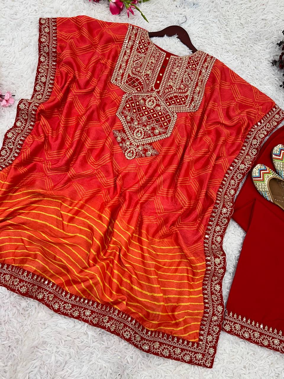 Pure Chinnon With Embroidery Coding Dori-Sequence Work Kaftan Set