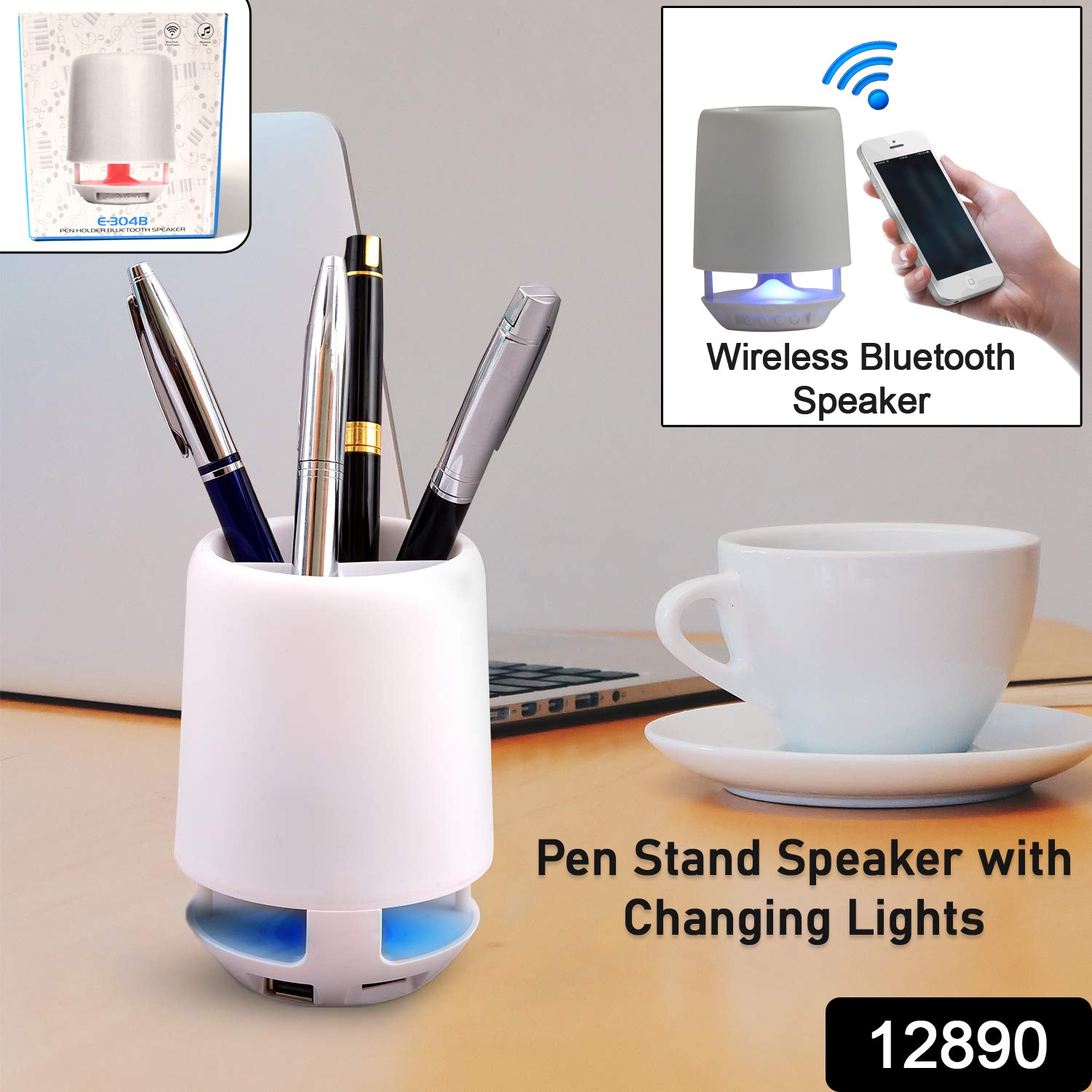 12890 Multifunctional 4 Compartment Pen Holder With Bluetooth Speaker 5 W Bluetooth Speaker Laptop Desk Speaker Table Lamp Night Lamp Smart Color Changing Pen Stand Wireless Bluetooth Speaker