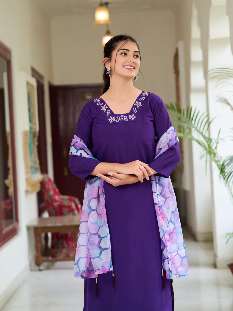 Purple Rayon Kurti Pant Set with Printed Tabi Silk Dupatta