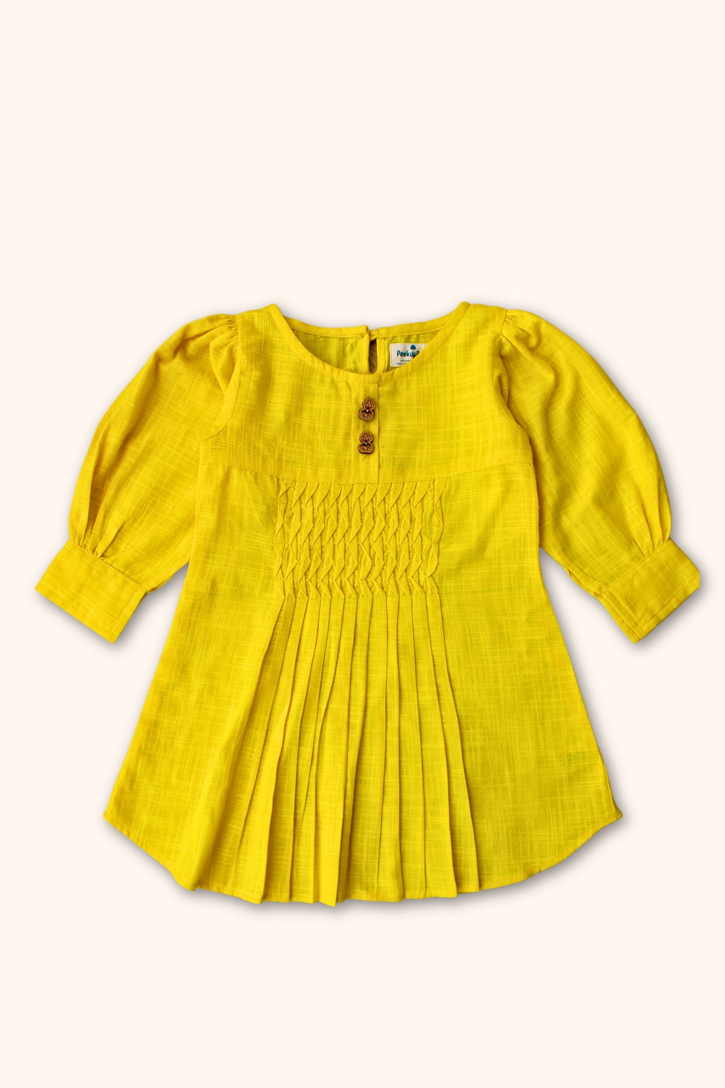 Girls Summer Cotton Dress with Pintuck Detailing - Yellow