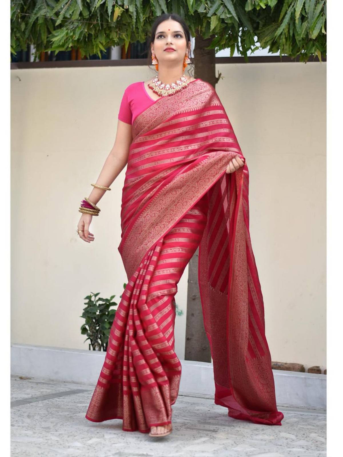 Banarasi Soft Silk Saree with Gold Zari Weaving and Brocade Work - TRENDBUY