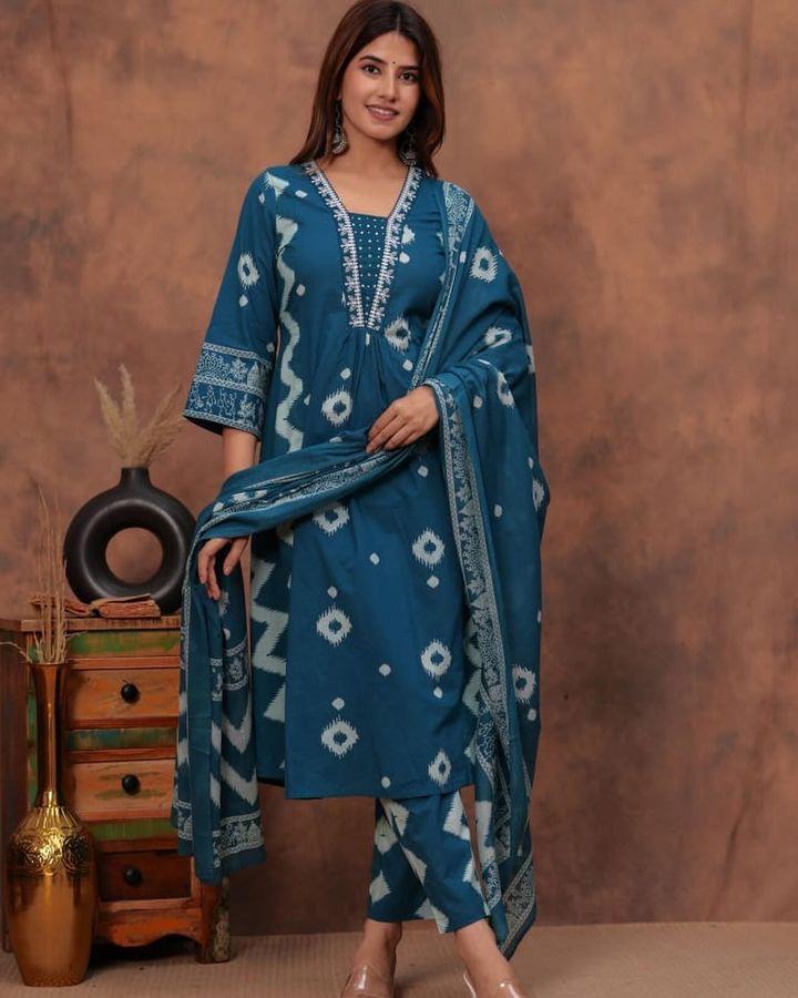 Cotton Kurta Pant Dupatta Set - Sky Floral Suit for Women