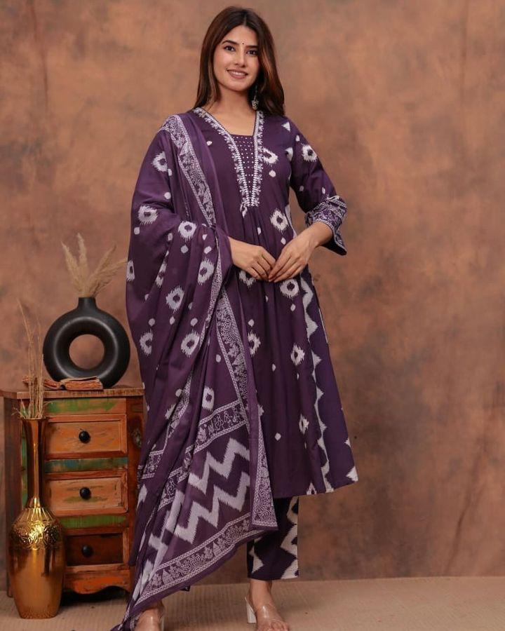 Cotton Kurta Pant Dupatta Set - Sky Floral Suit for Women