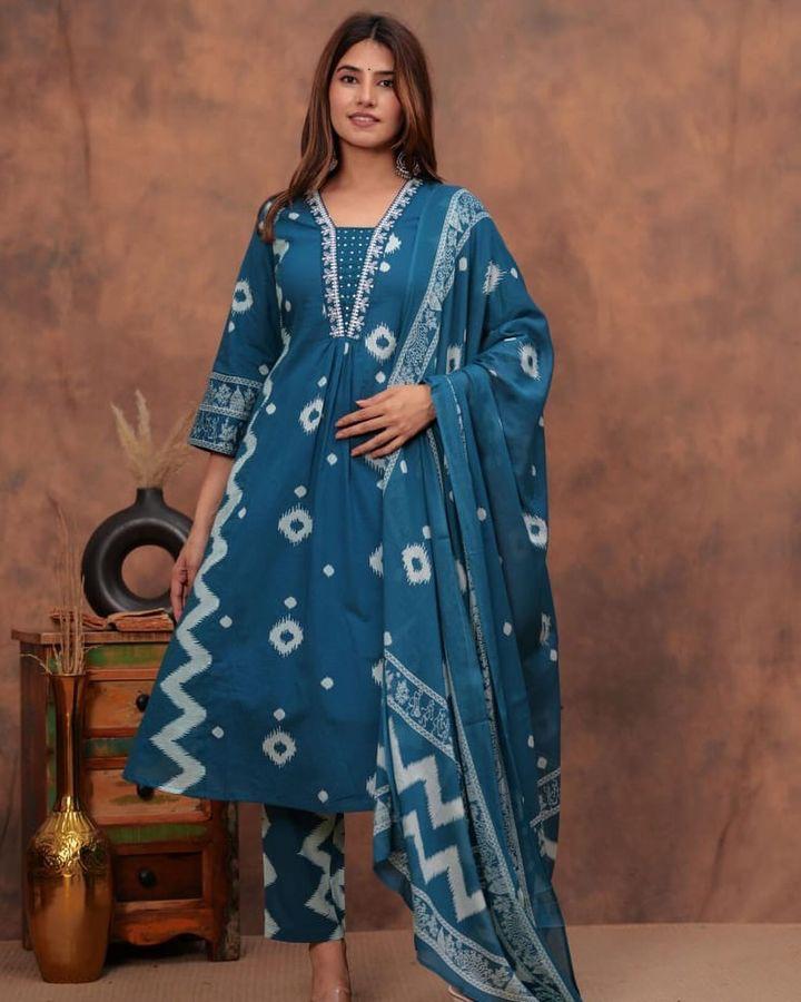 Cotton Kurta Pant Dupatta Set - Sky Floral Suit for Women