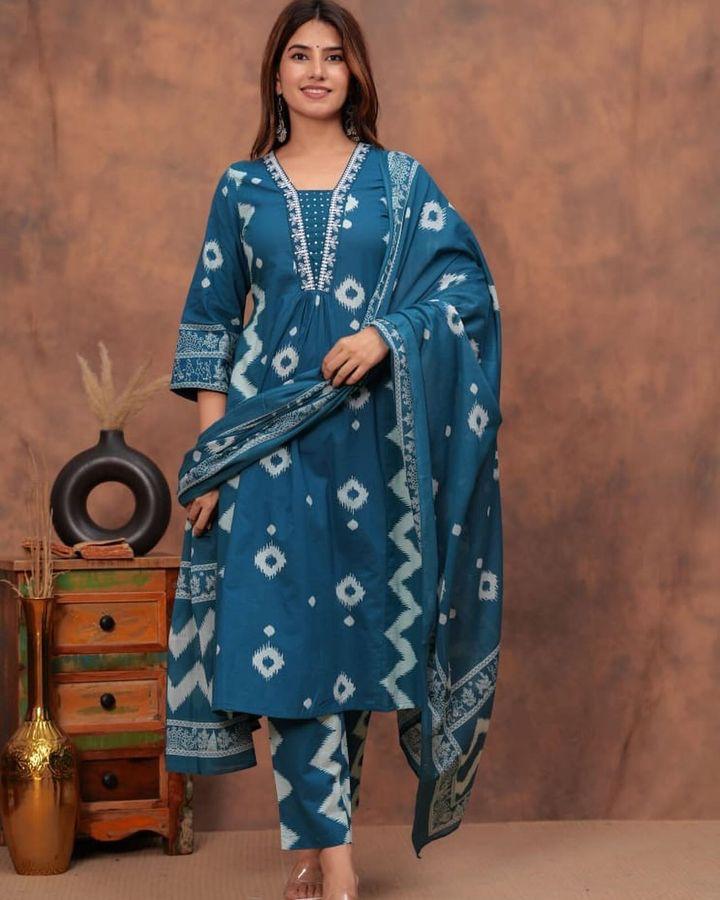 Cotton Kurta Pant Dupatta Set - Sky Floral Suit for Women