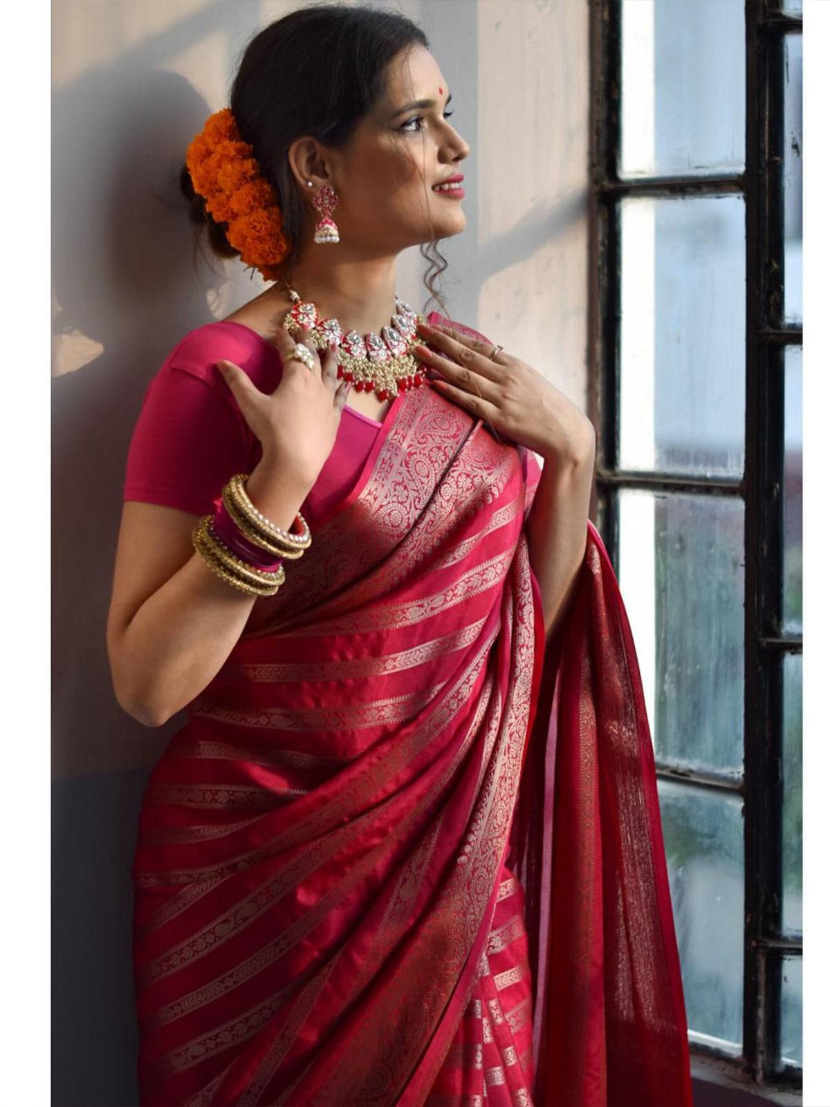 Banarasi Soft Silk Saree with Gold Zari Weaving and Brocade Work - TRENDBUY