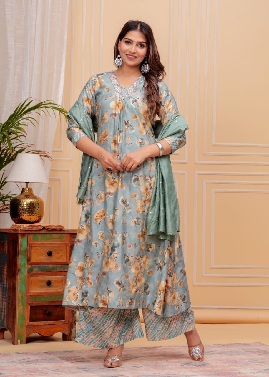 Pure MUSLIN Silk Suit, Kurta With Handwork On Yoke