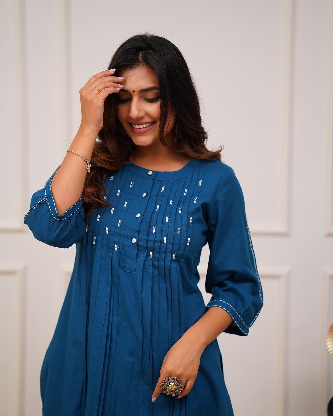 Teal Blue Kurti Pant with Beautiful Buttons