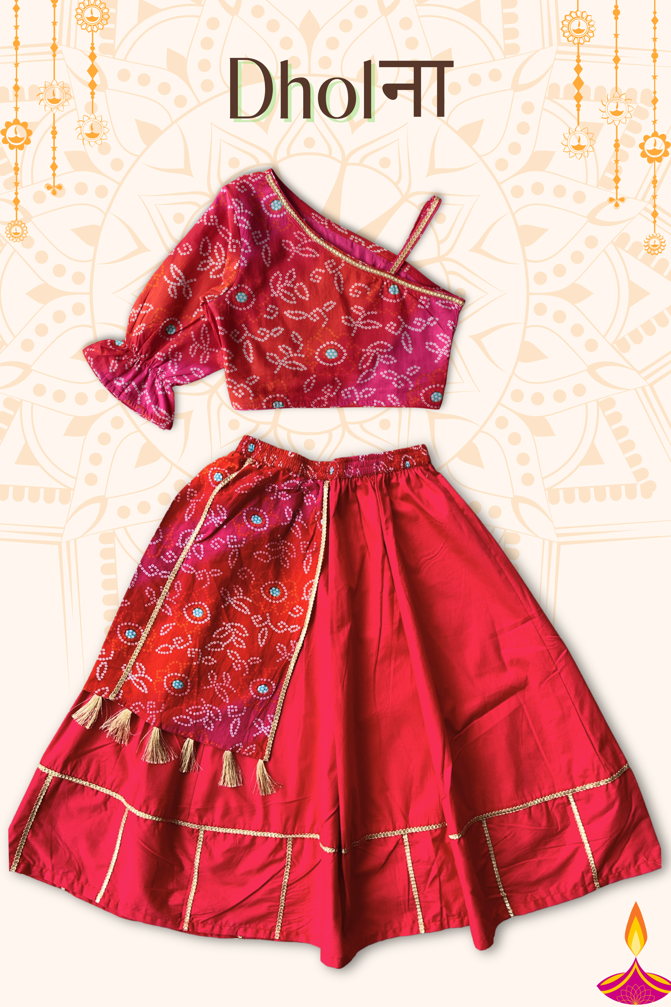 Girls Dholna Pure Cotton Chaniya Choli Ethnic Clothing set - Pink Red