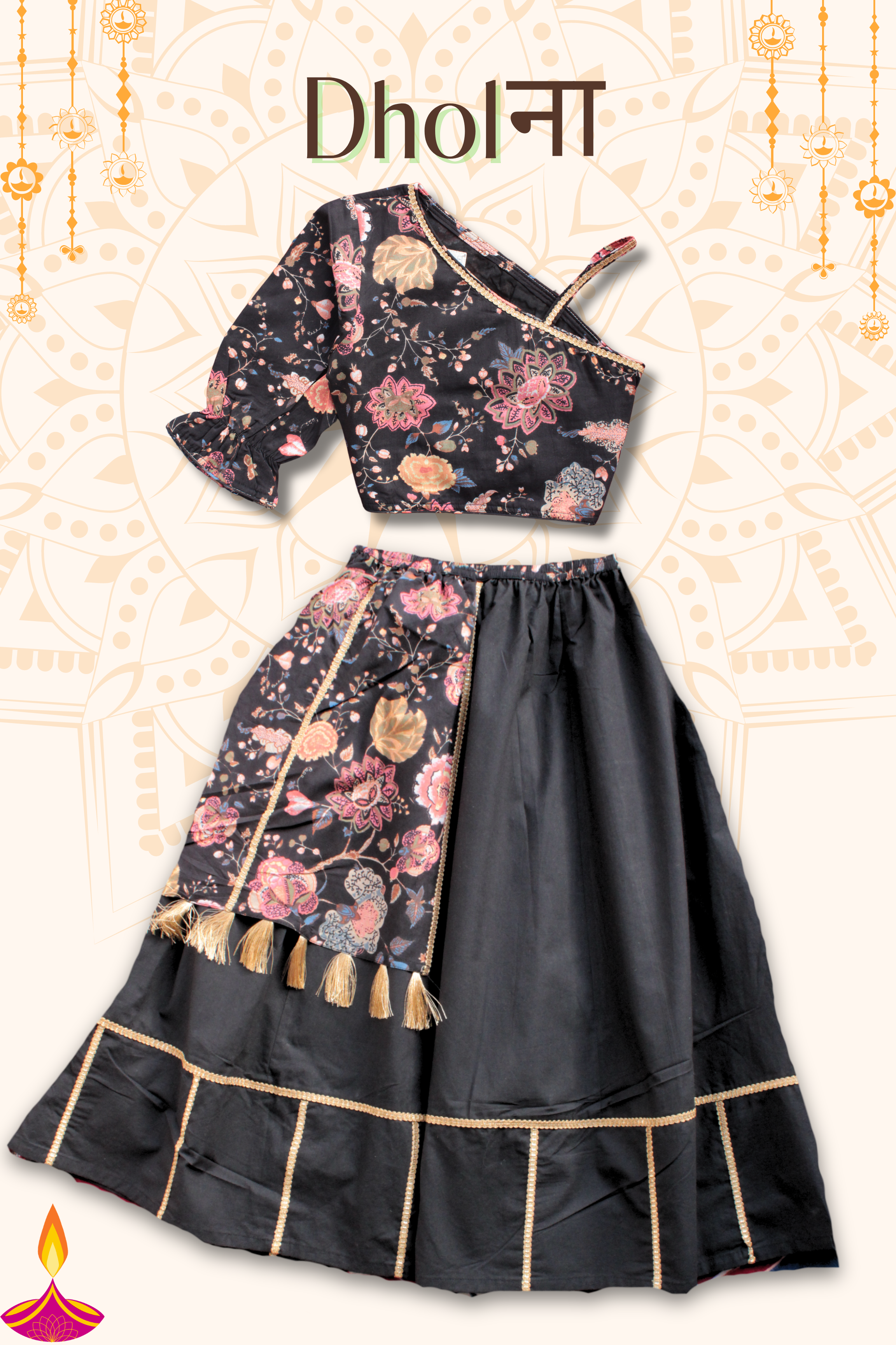 Girls Dholna Pure Cotton Chaniya Choli Ethnic Clothing set - Pink Black