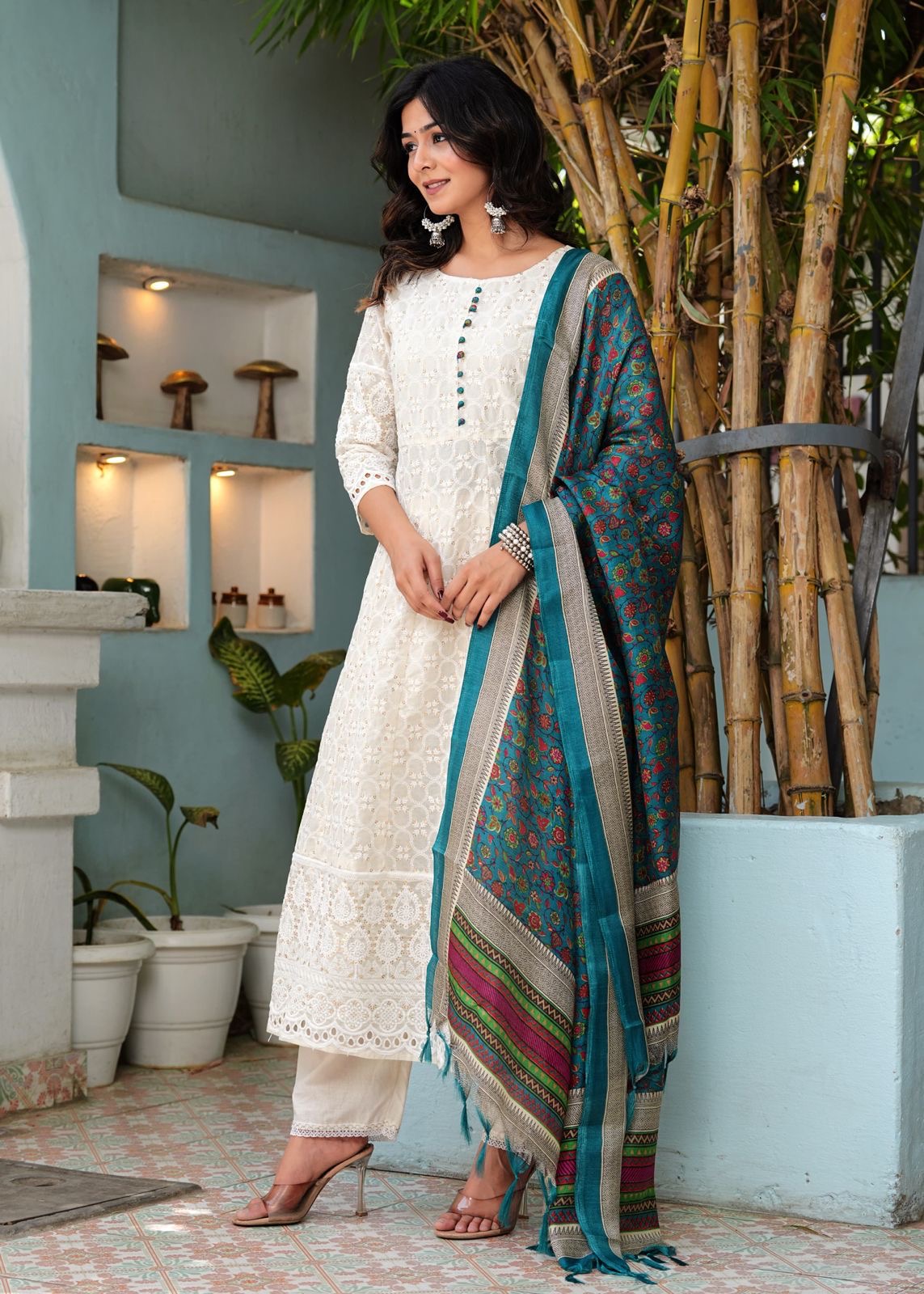 Pure Chikankari Anarkali Kurti With Pant & Silk Chanderi Digital Print Dupatta Set