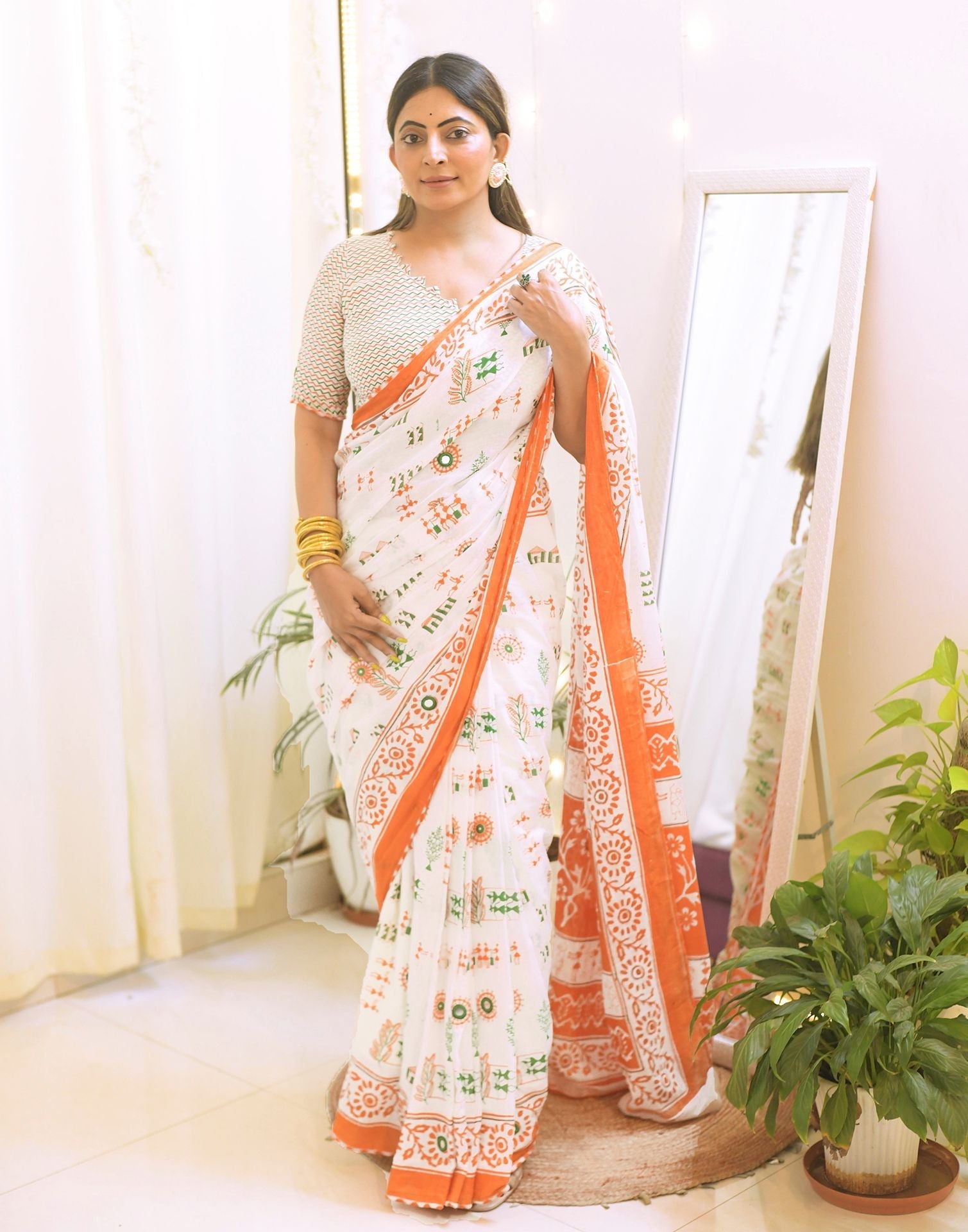 White Linen Tiranga Saree with Digital Print for Independence Day