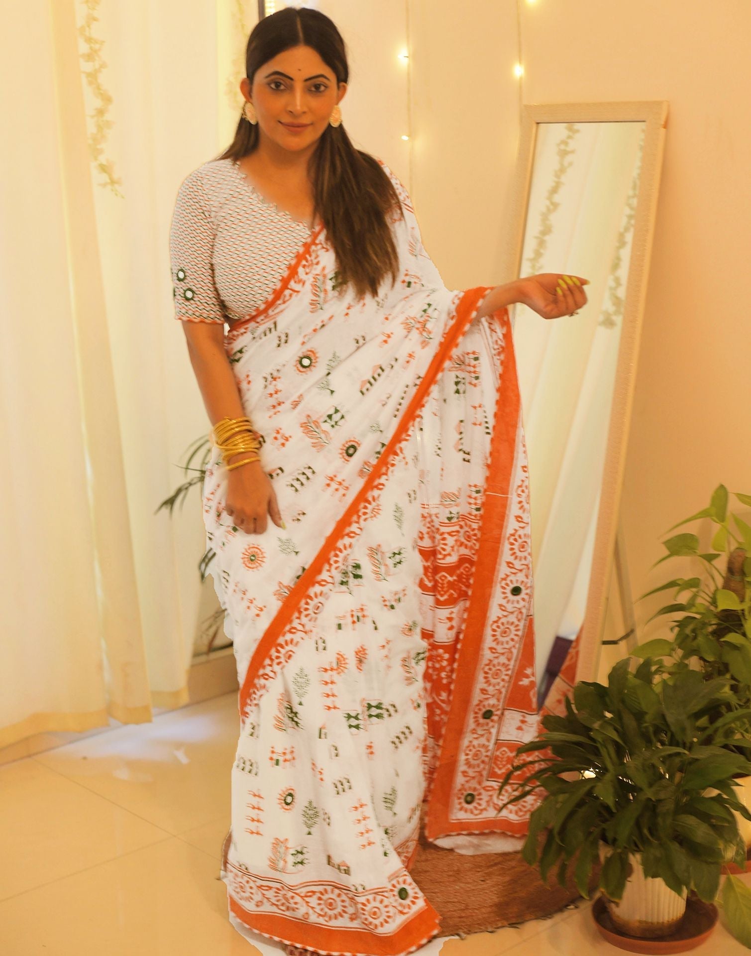 White Linen Tiranga Saree with Digital Print for Independence Day