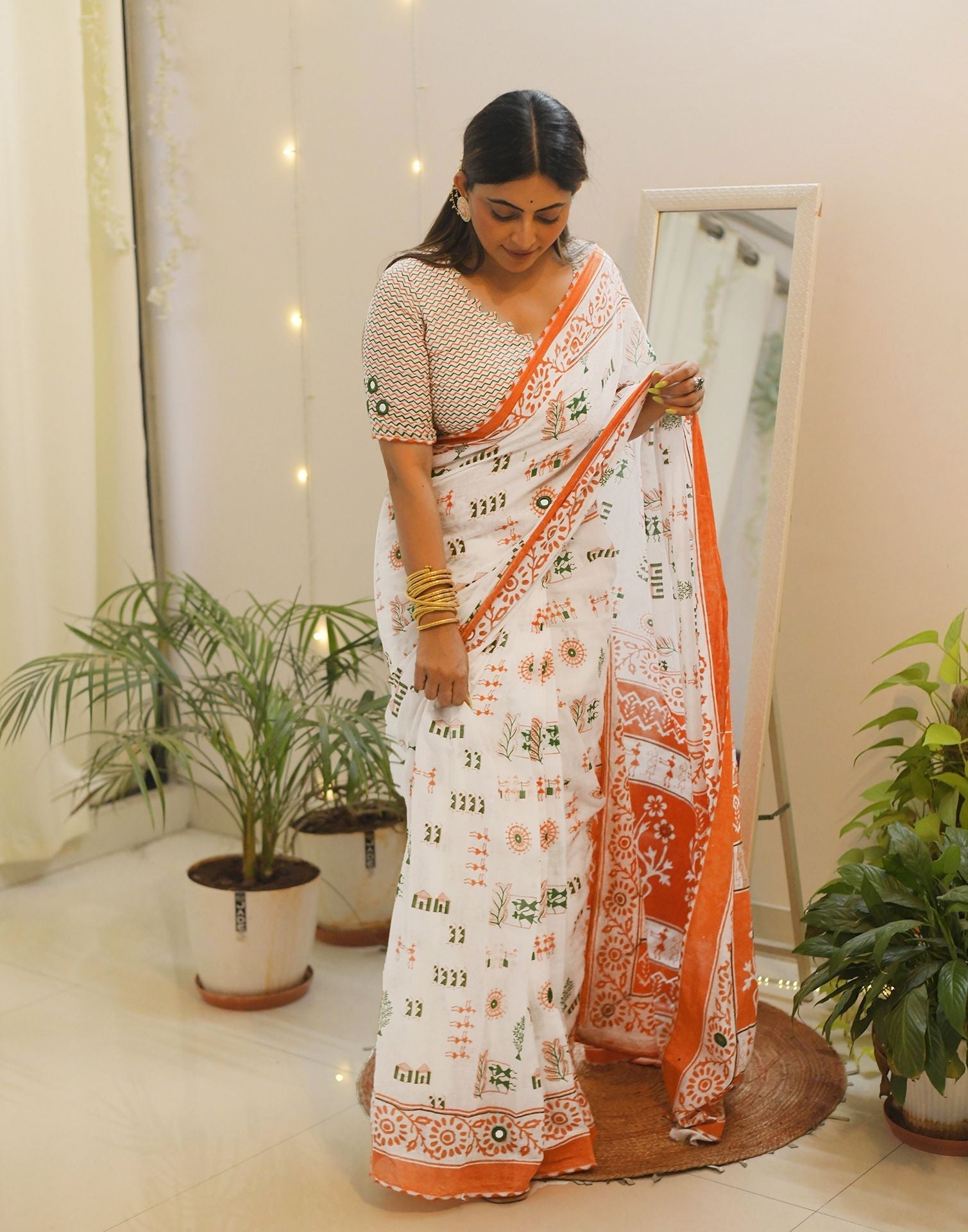 White Linen Tiranga Saree with Digital Print for Independence Day