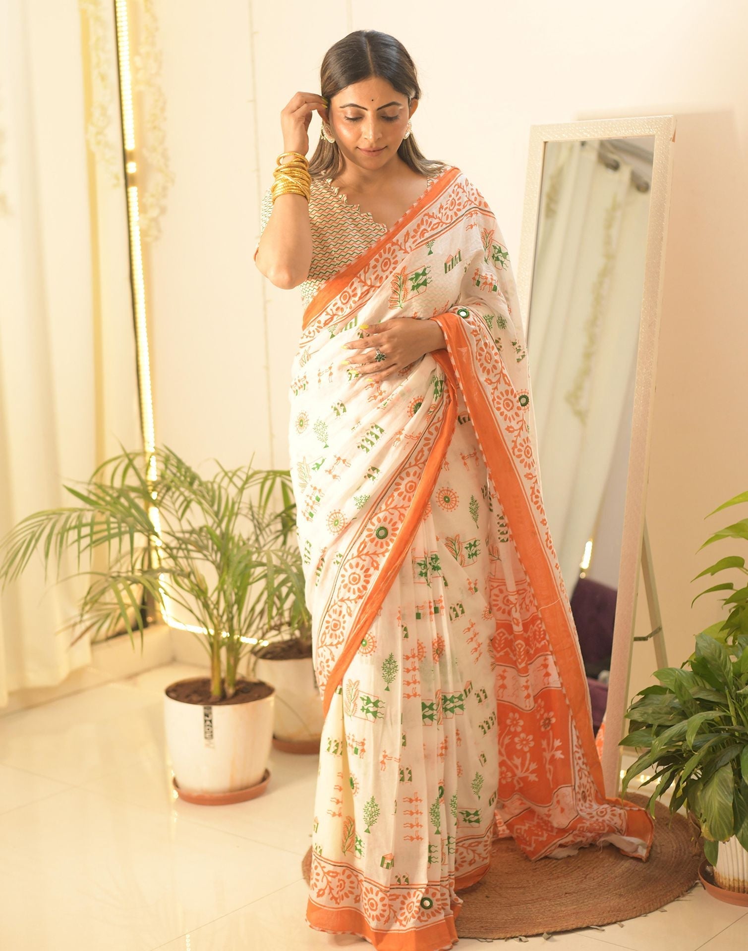 White Linen Tiranga Saree with Digital Print for Independence Day