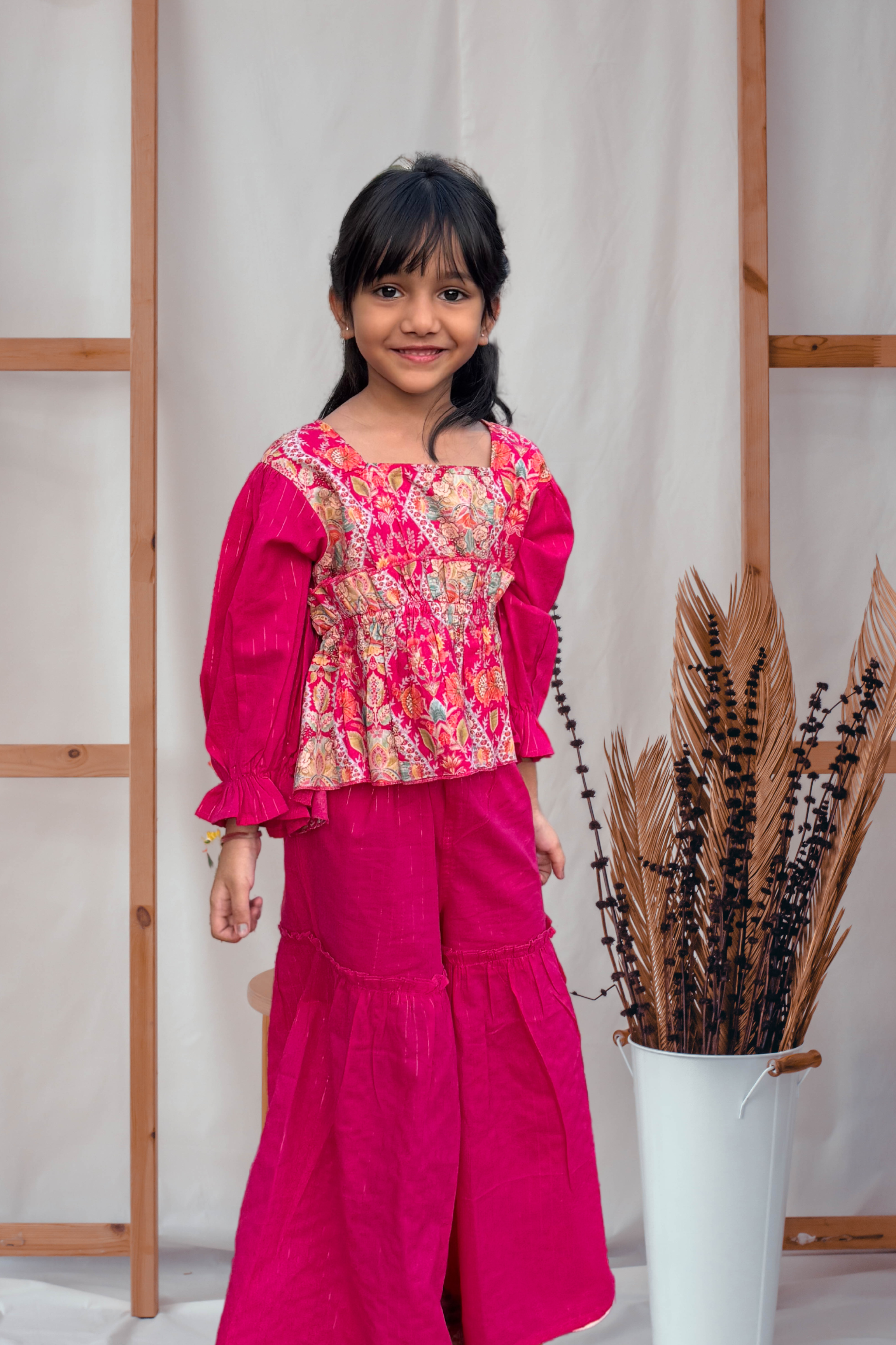 Girls Jashn High Low Printed top with Sharara set Pink