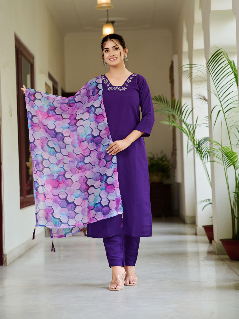 Purple Rayon Kurti Pant Set with Printed Tabi Silk Dupatta