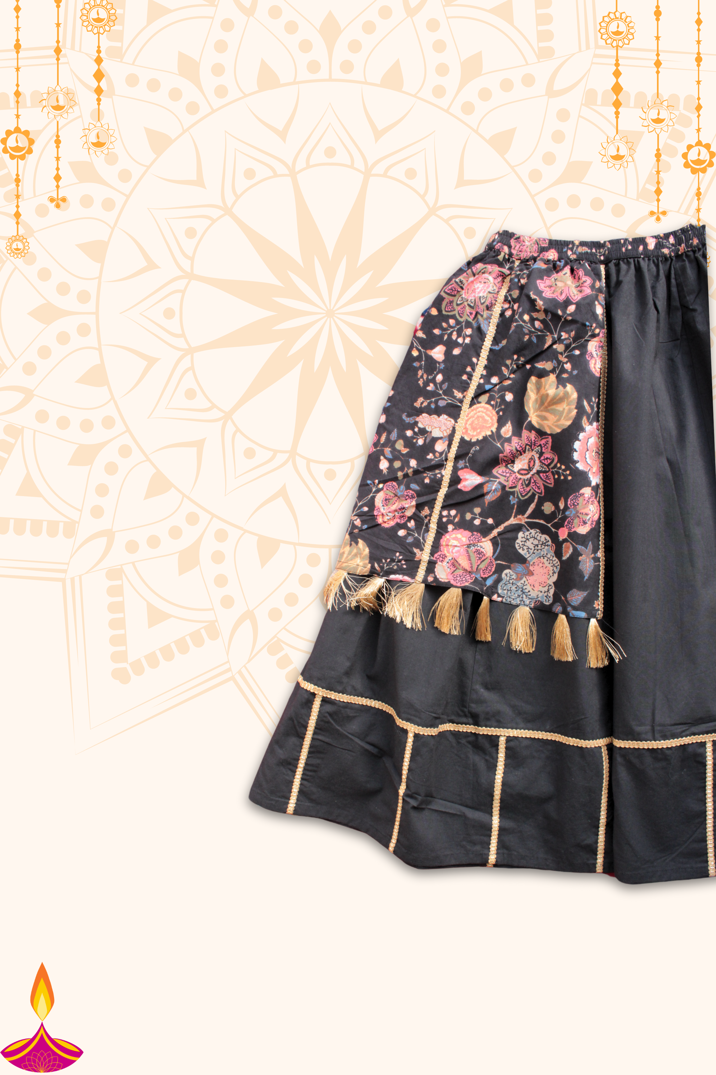 Girls Dholna Pure Cotton Chaniya Choli Ethnic Clothing set - Black