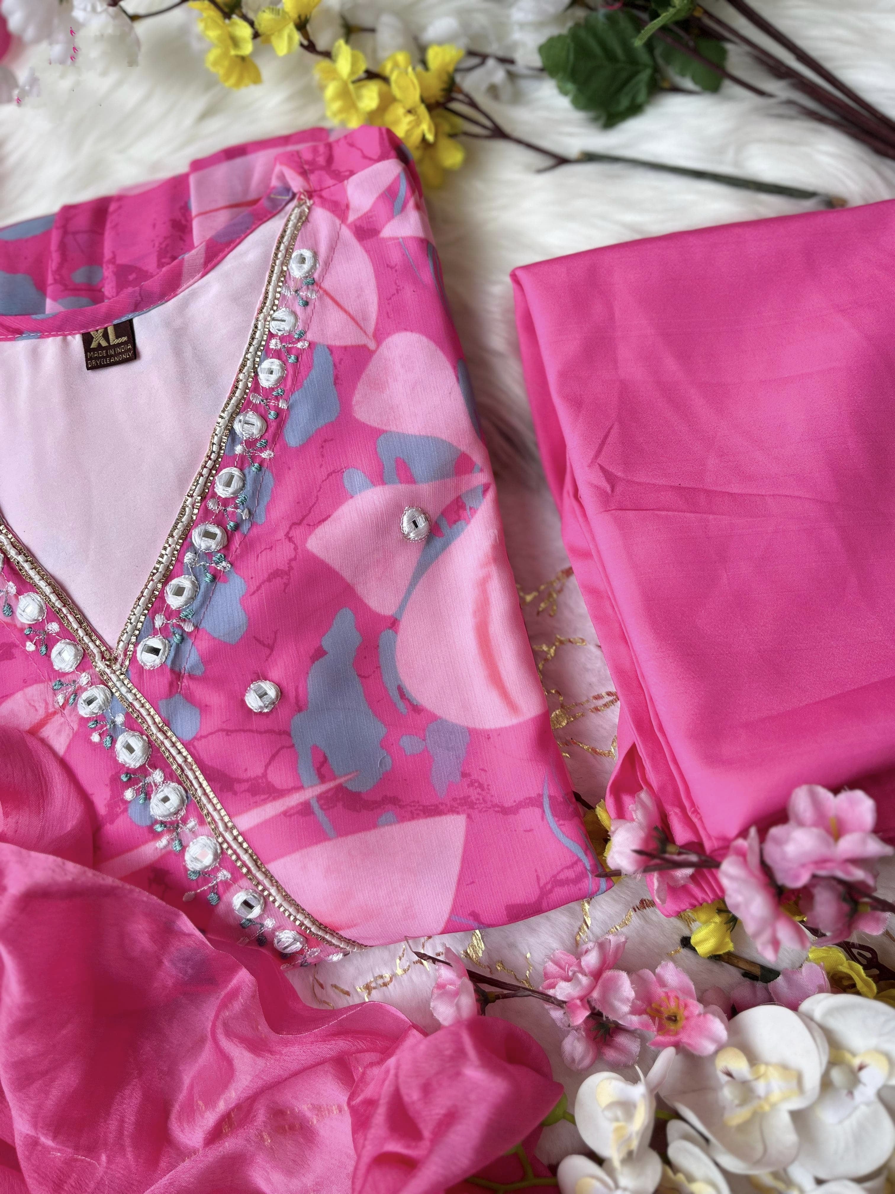 Pink Floral Angrakha Alia Cut Suit Set With Lining Is An Inner Layer Of Fabric