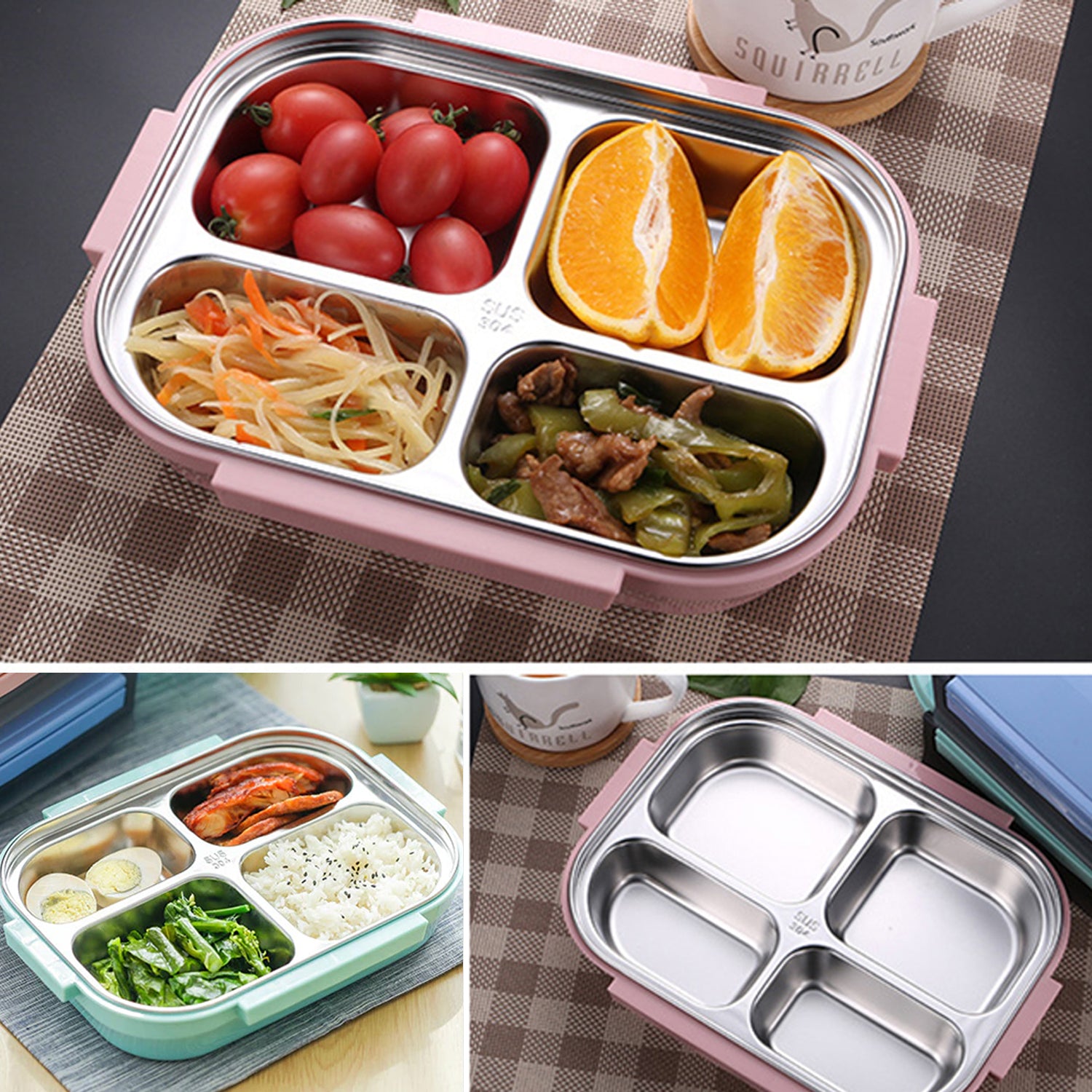 2979 Black Transparent 4 Compartment Lunch Box For Kids And Adults Stainless Steel Lunch Box With 4 Compartments.