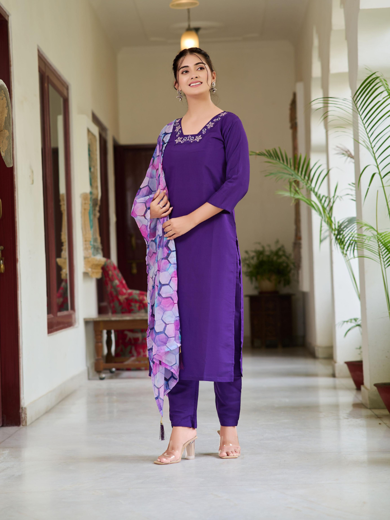 Purple Rayon Kurti Pant Set with Printed Tabi Silk Dupatta