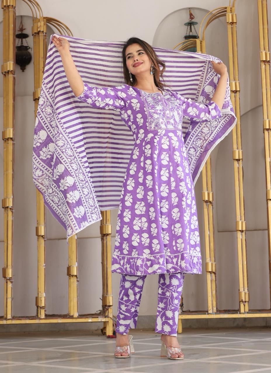 Beautiful Cotton Fabric Gown Kurti Full Flair Pant with Duppta Set