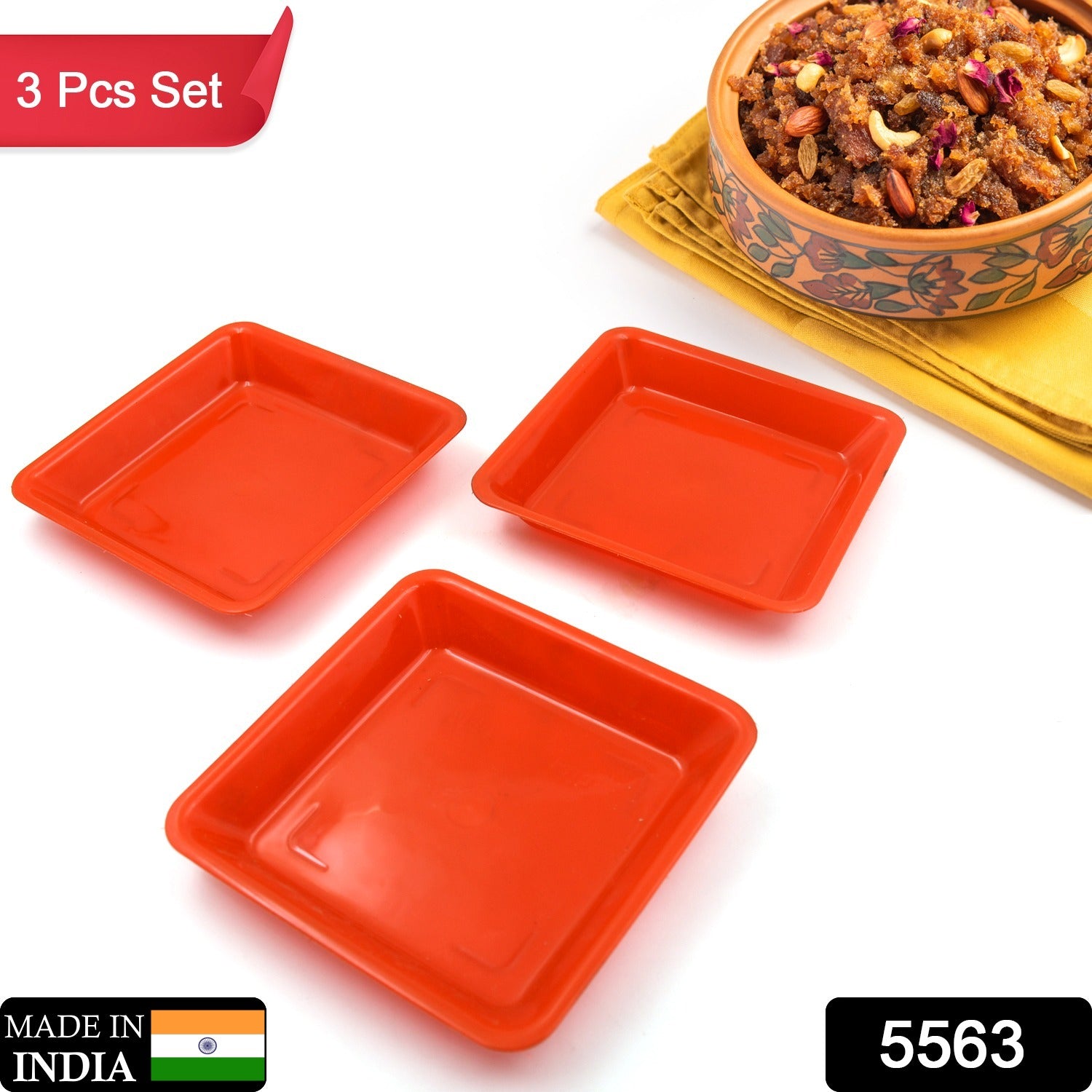 5563 Square Plastic Halwa Dinner Plate Snacks  Breakfast Restaurant Serving Trays Home School Coffee Hotel Kitchen Office (3 Pcs Set)