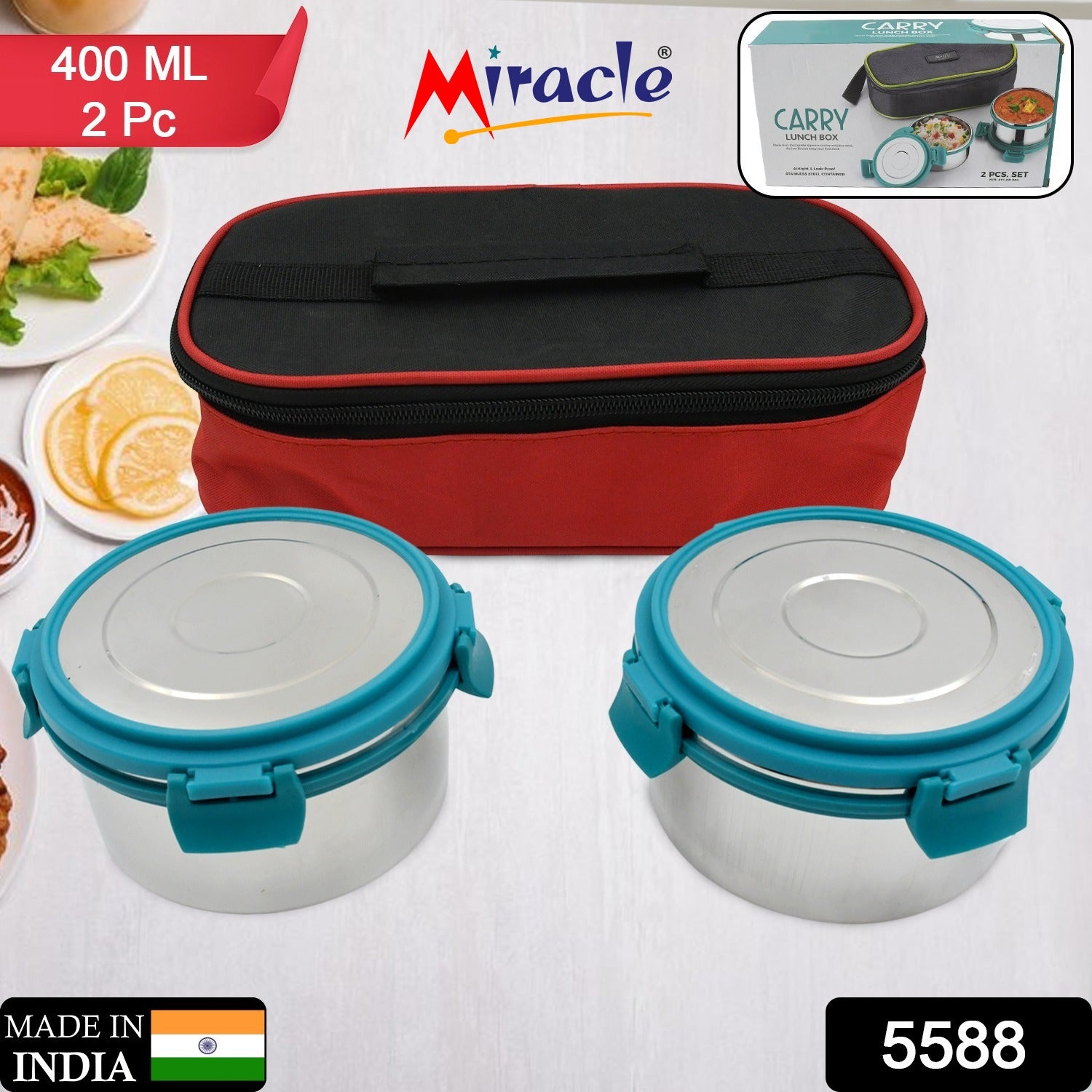 5588 Miracle Carry Lunch Box Microwave Safe Lunch Box With Insulated Bag 2 Compartment Lunch Box (400 Ml  2 Pc)