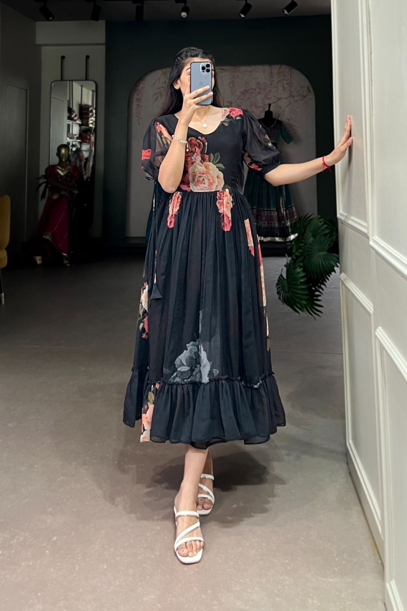 Black Floral Georgette Dress for Women