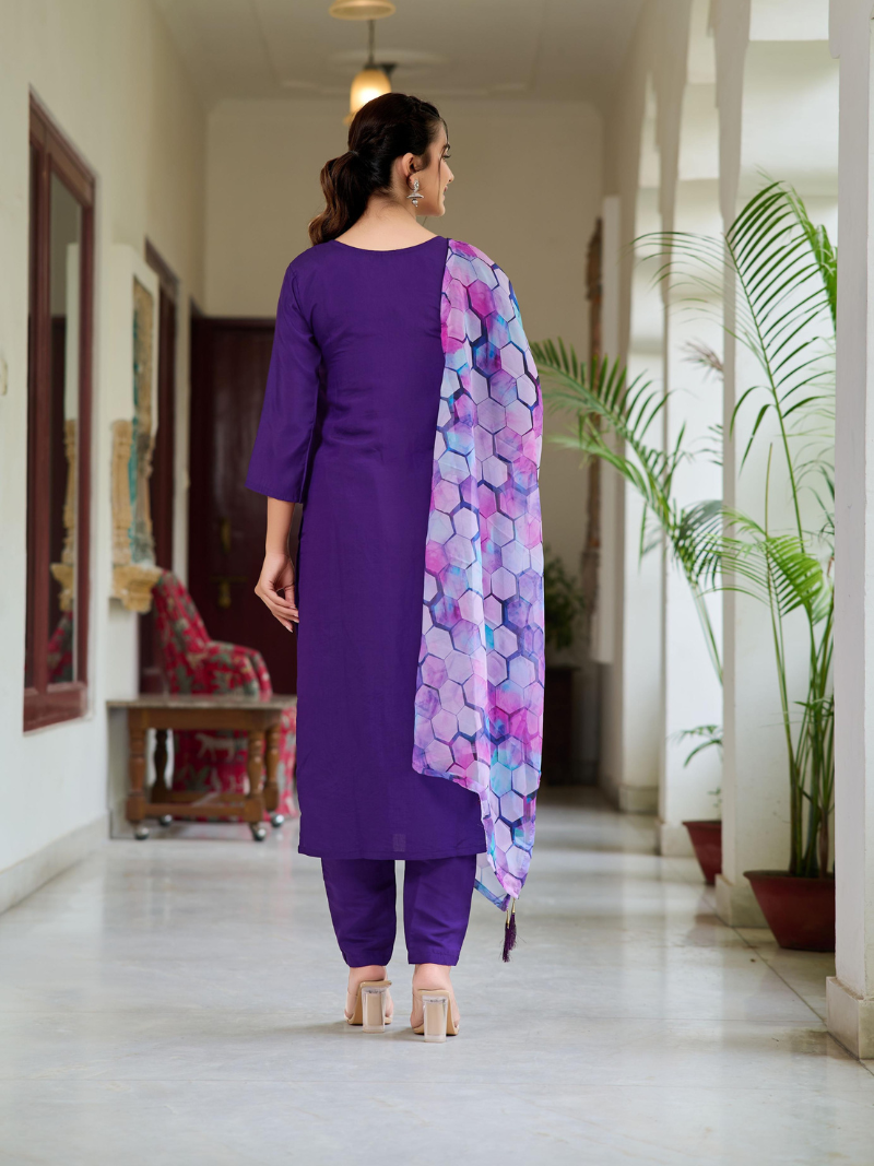 Purple Rayon Kurti Pant Set with Printed Tabi Silk Dupatta