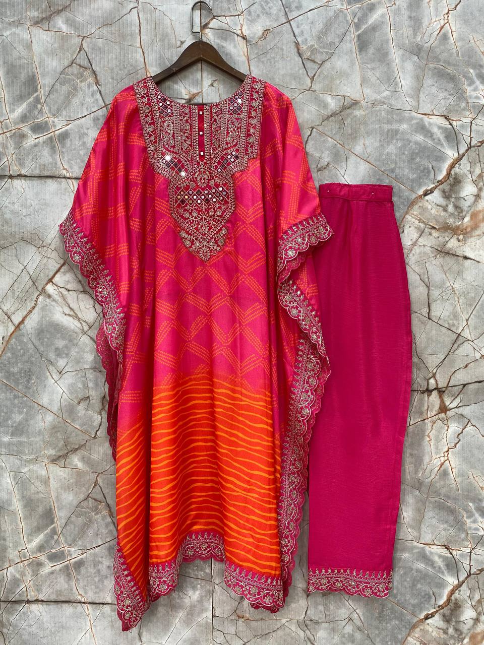 Trendy Bandhani Print Kaftan with Mirror Work for Women