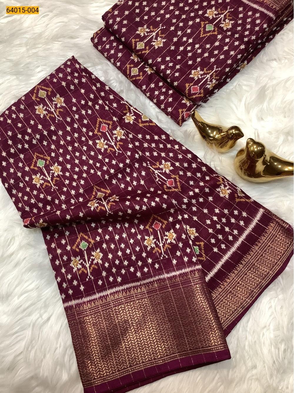 Maroon Fancy Dola Printed Silk Checks Saree