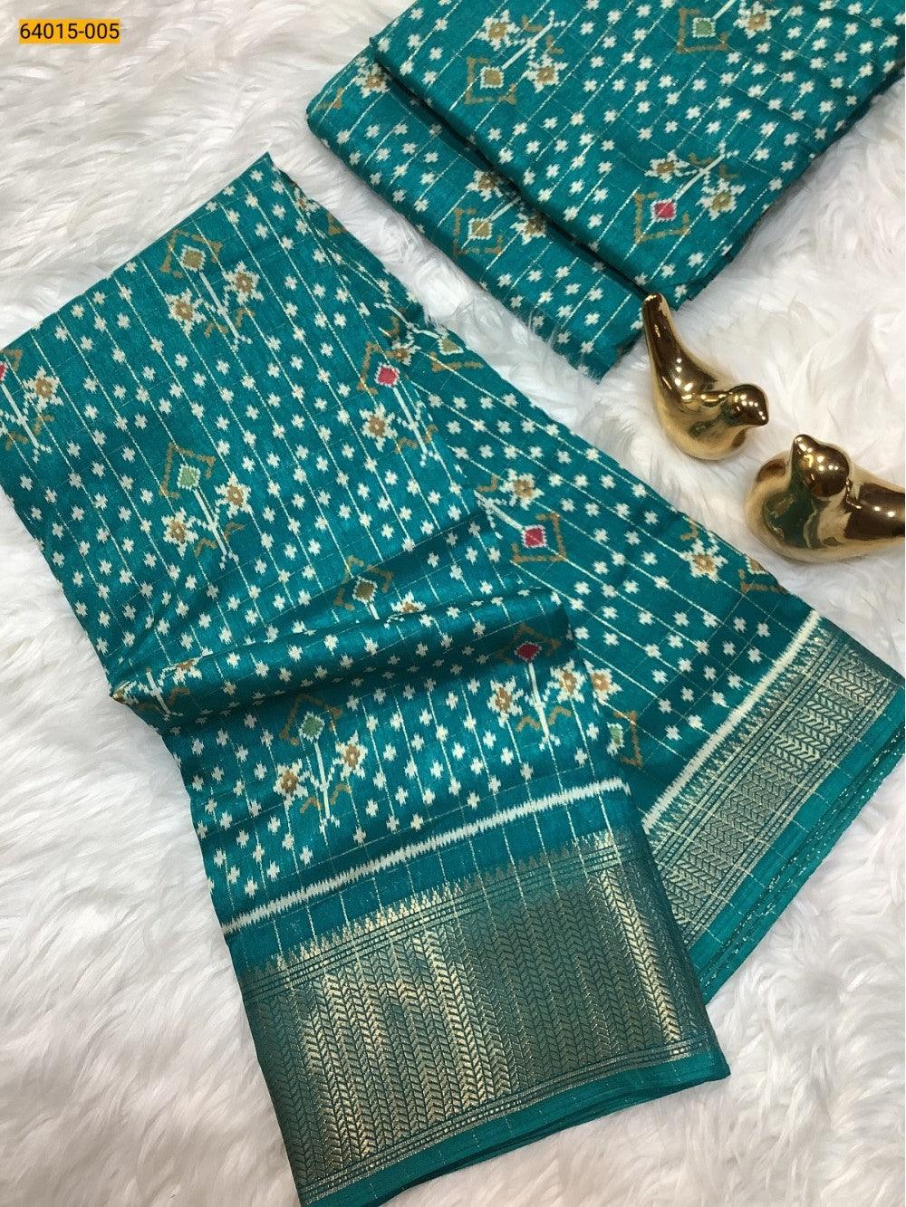 Rama Green Fancy Dola Printed Silk Checks Saree