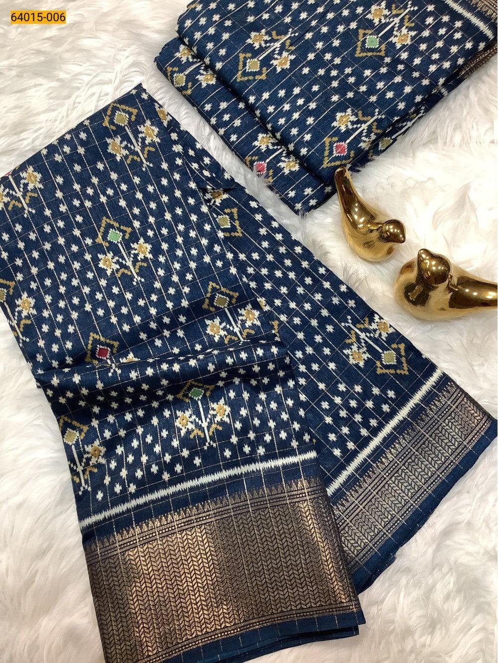 Navy Blue Fancy Dola Printed Silk Checks Saree